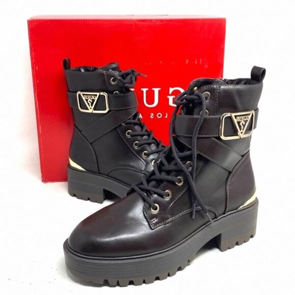 GUESS Flat Combat Booties Dark Brown Faux Leather GFFINLEES Heel Size Women's - Picture 6 of 9